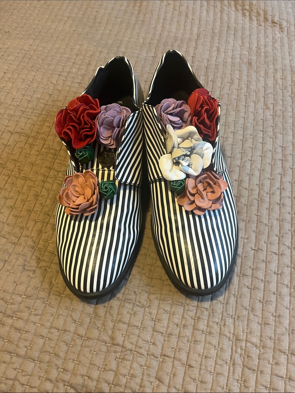 Katy Perry Black & White Striped Slip-On Loafers with Multi-Color Flower Accents